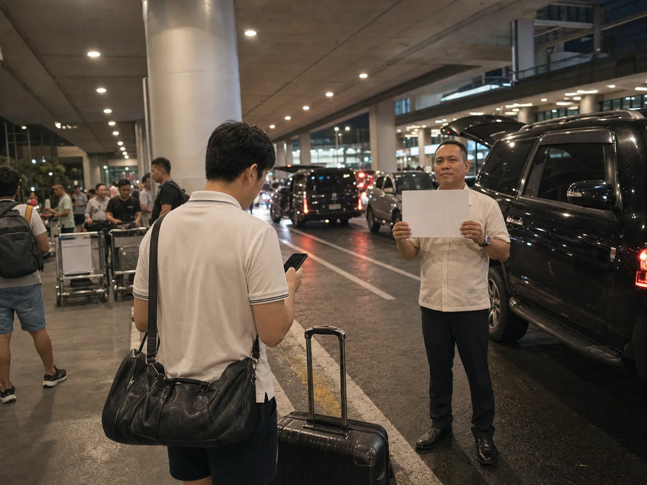 NAIA 공항 야간 픽업 구역과 차량 대기