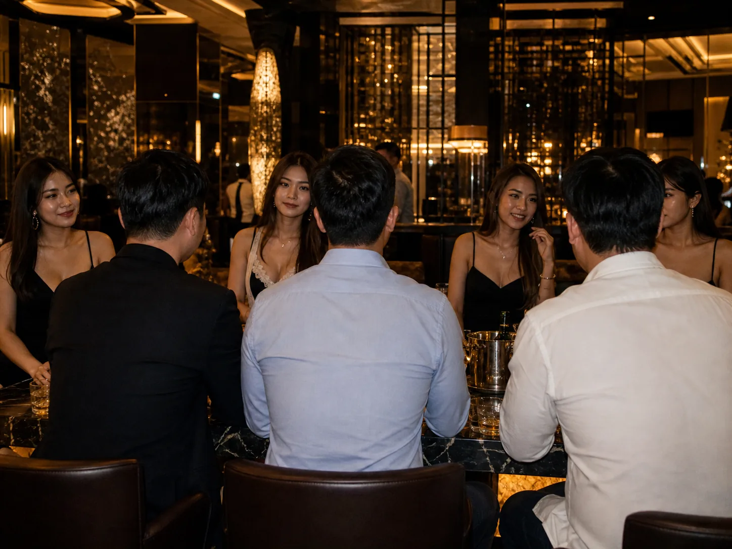 KTV hostess table with male travelers shown only from behind