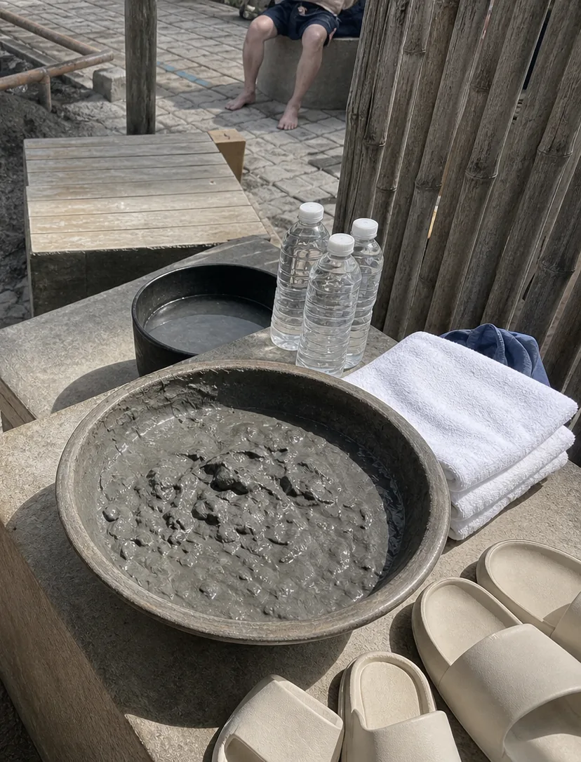 Puning mudpack station with towels and mineral water